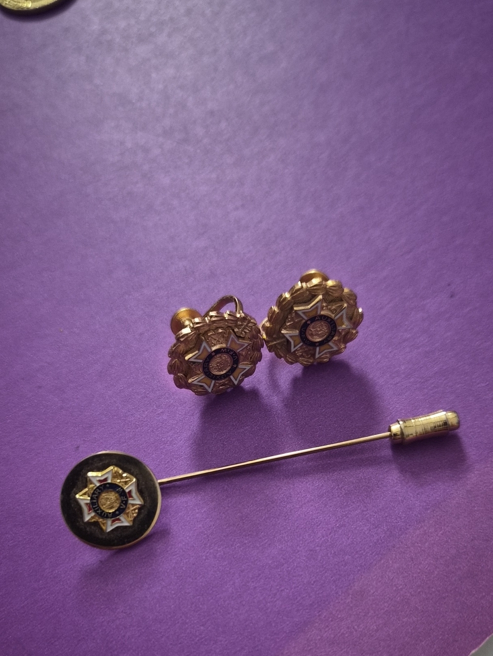 Gold Tone vintage stick pin and screw back earrings vfw